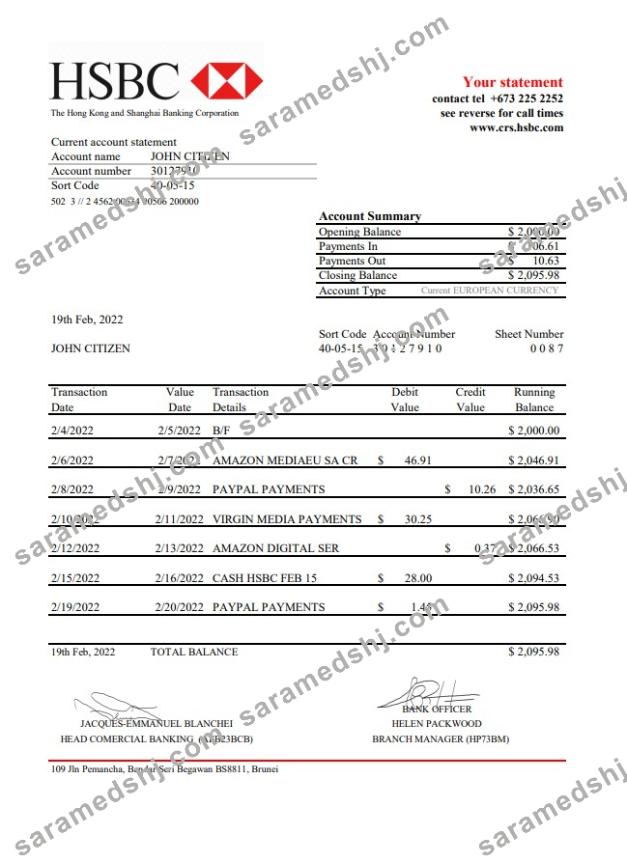 Brunei HSBC bank statement